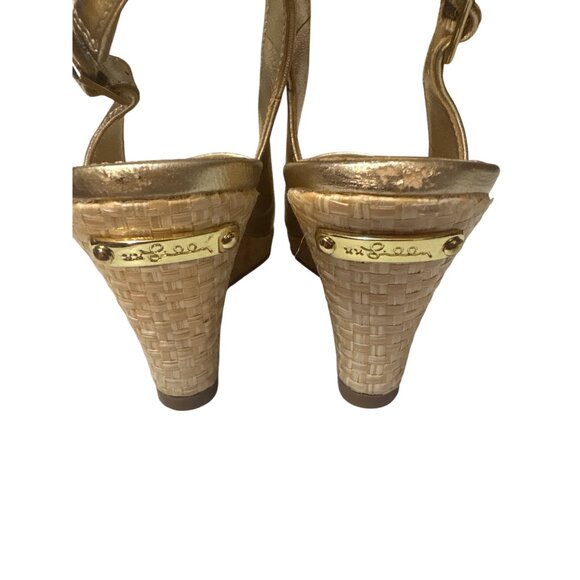 Lilly Pulitzer Gold Wedge Sandals Peep Toe Slingback Women’s Size 7.5 - Picture 4 of 8